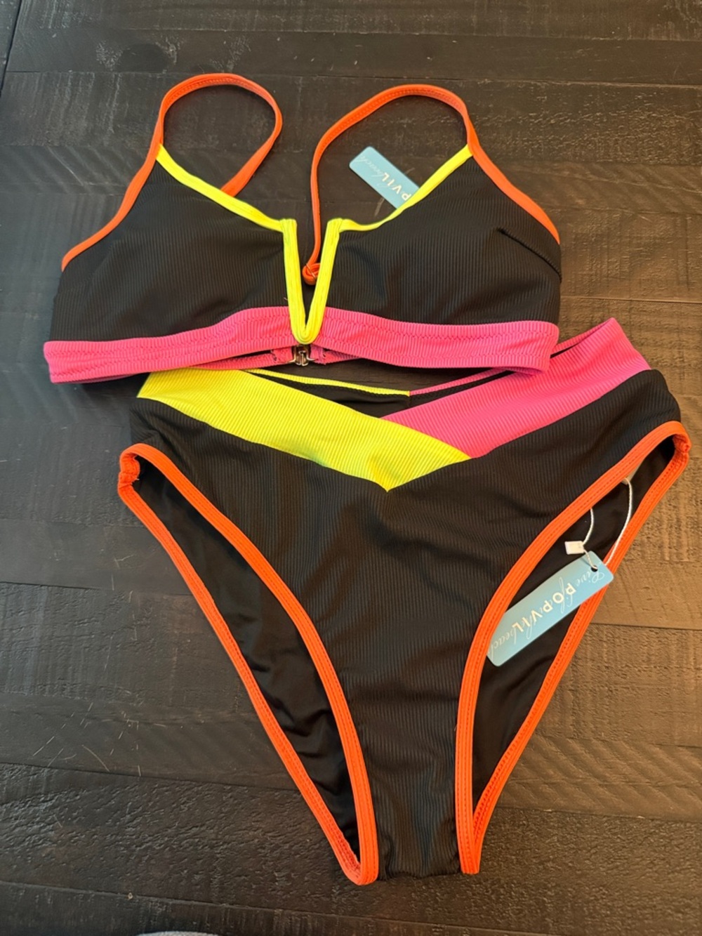 Popvil Neon Trim Black Two-Piece Bikini NWT with Pink & Yellow Accents Size S